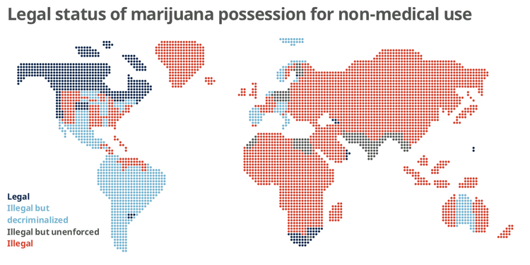 Weltkarte mit Angaben zur Legalität von Marihuana