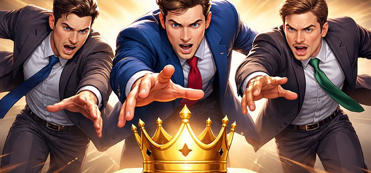 Drei Männer greifen nach der einzigen Krone auf dem Tisch