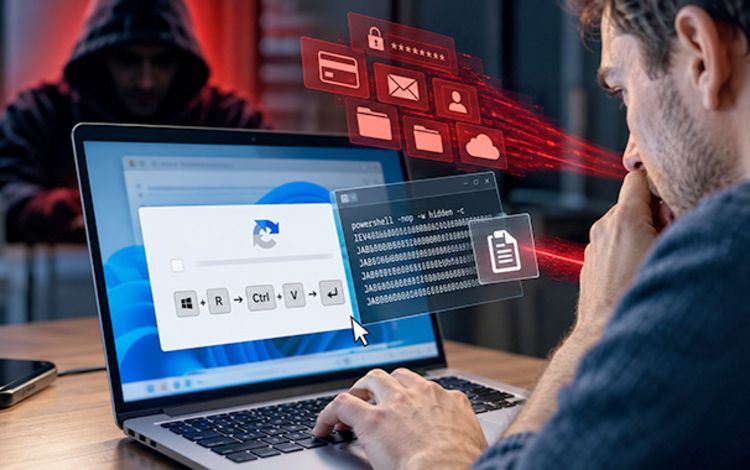 User am Laptop, der von einem ClickFix-Angriff bedroht wird