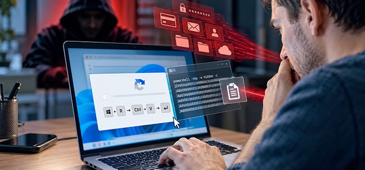 User am Laptop, der von einem ClickFix-Angriff bedroht wird