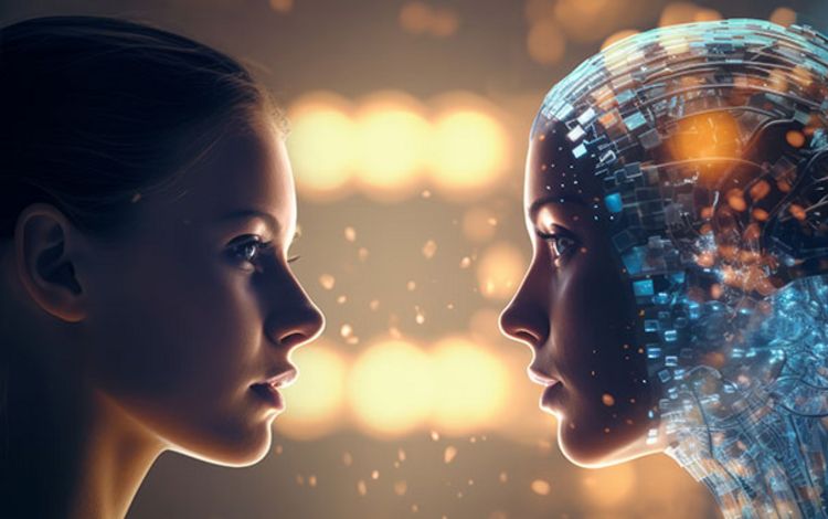 Gesicht einer jungen Frau im Profil, gegenüber das Gesicht einer KI 