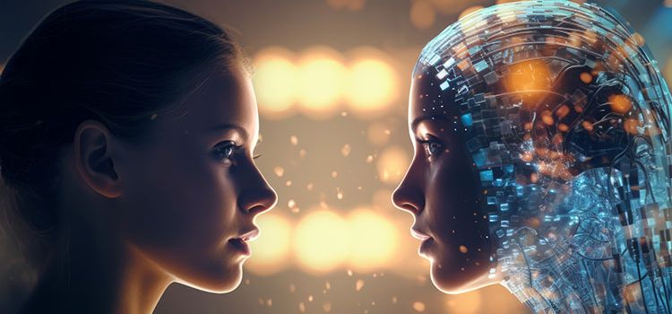 Gesicht einer jungen Frau im Profil, gegenüber das Gesicht einer KI 