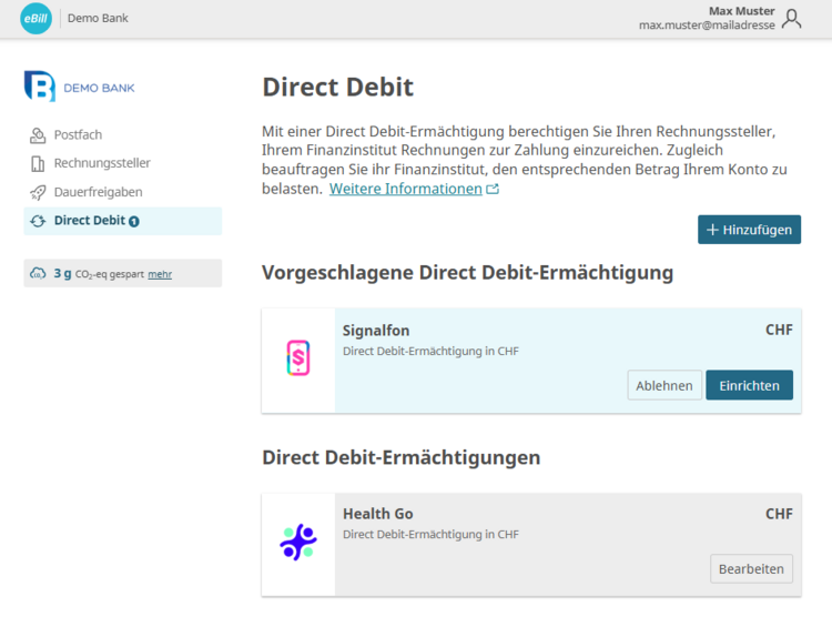 Anmeldemaske für Lastschriften in eBill Direct Debit