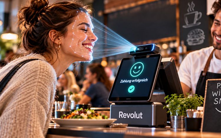 Junge Frau zahlt mit Revolut Pay with Smile und lässt ihr Gesicht scannen