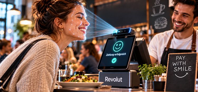 Junge Frau zahlt mit Revolut Pay with Smile und lässt ihr Gesicht scannen