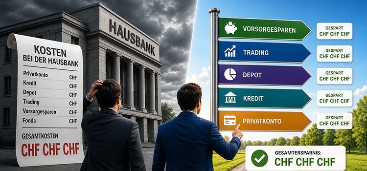 Das Bild symbolisiert die Kostenunterschiede zwischen Hausbank und verschiedenen Anbietern
