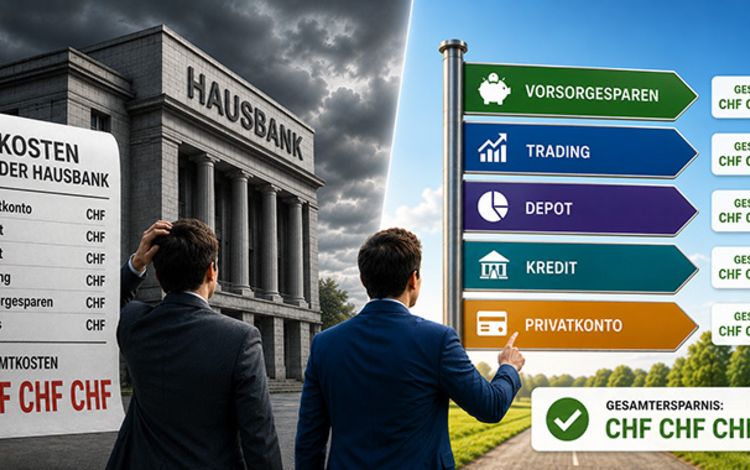 Das Bild symbolisiert die Kostenunterschiede zwischen Hausbank und verschiedenen Anbietern