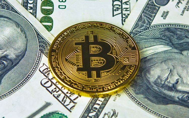 Bitcoin-Münze auf Dollarscheinen