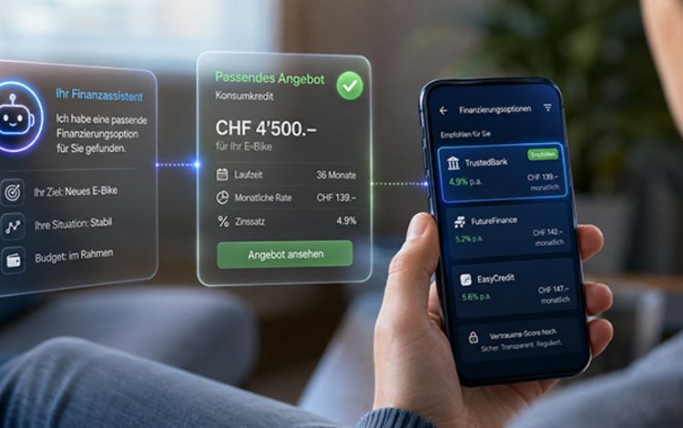 Junger Mann studiert auf dem Smartphone ein Kreditangebot, das seine KI für ihn zusammengestellt hat