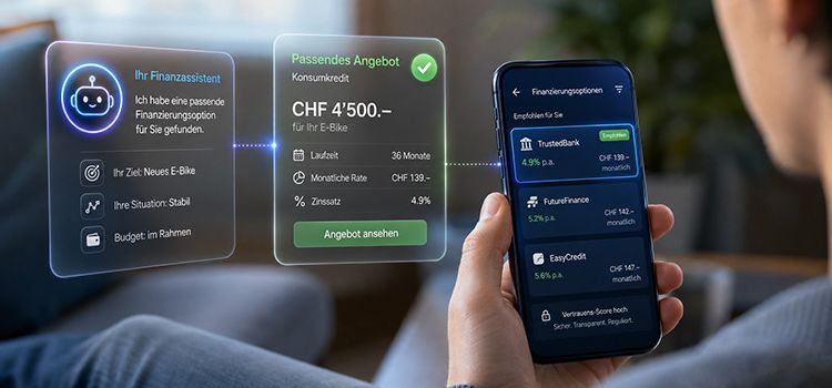 Junger Mann studiert auf dem Smartphone ein Kreditangebot, das seine KI für ihn zusammengestellt hat