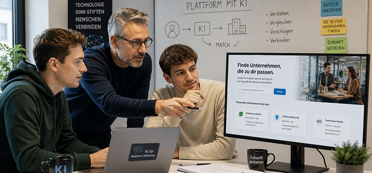 Drei Männer entwickelt mit KI eine Software