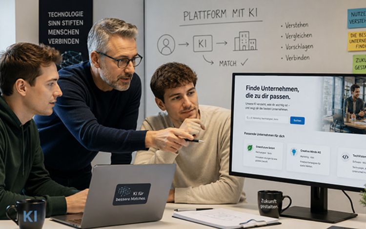 Drei Männer entwickelt mit KI eine Software