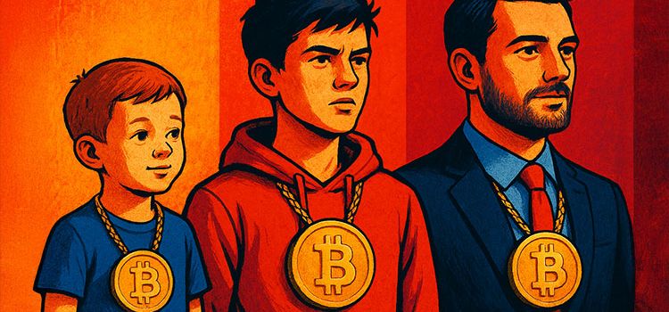 Die Evolution des Bitcoin, dargestellt an einem Kind, einem Jugendlichen und einem Erwachsenen