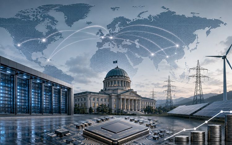 Das Bild symbolisiert die Verbindung von Staat, KI und Rechenleistung