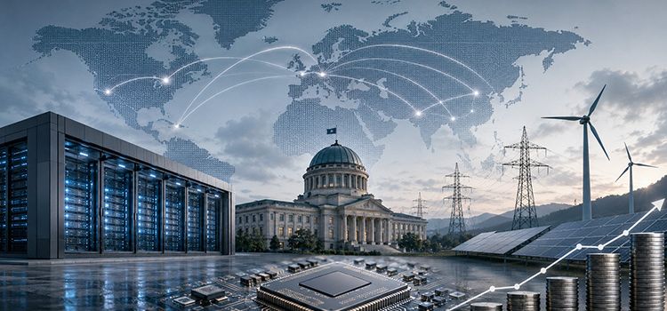 Das Bild symbolisiert die Verbindung von Staat, KI und Rechenleistung