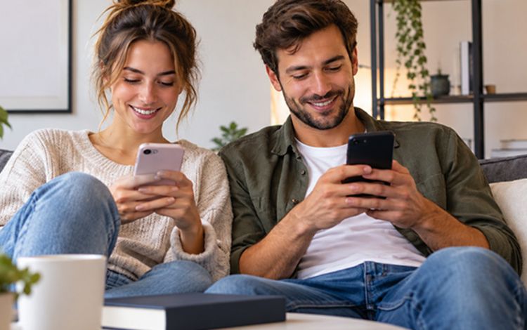 Junges Paar auf Sofa checkt auf den Smartphones ihre Vorsorge-Apps