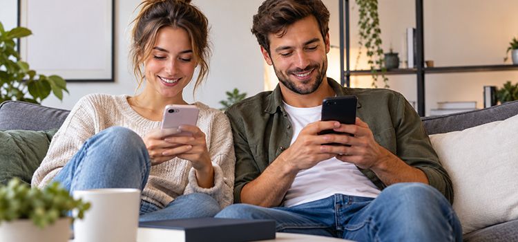 Junges Paar auf Sofa checkt auf den Smartphones ihre Vorsorge-Apps