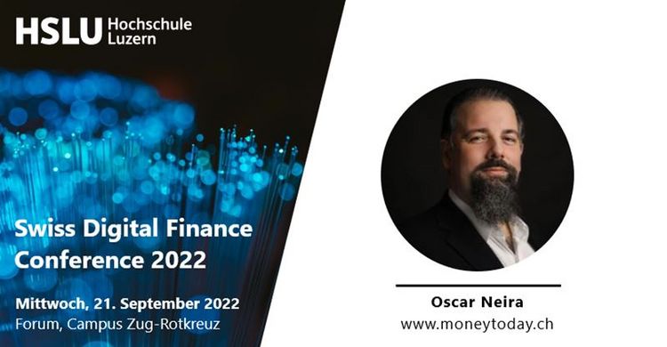 Banner der Digital Finance Conference 2022 mit Oscar Neira von MoneyToday.ch als Moderator