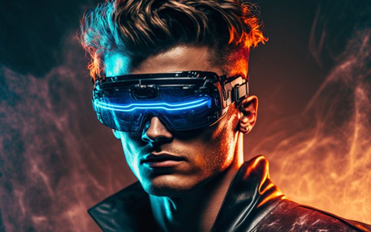 Dominator mit virtueller Brille und entschlossener Haltung