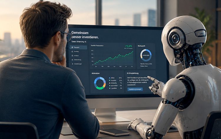 Ein Robo sitzt neben einem Menschen am PC und übernimmt die Anlageberatung