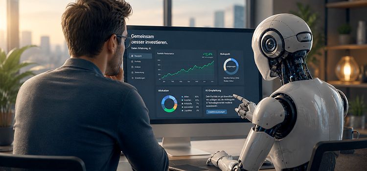 Ein Robo sitzt neben einem Menschen am PC und übernimmt die Anlageberatung
