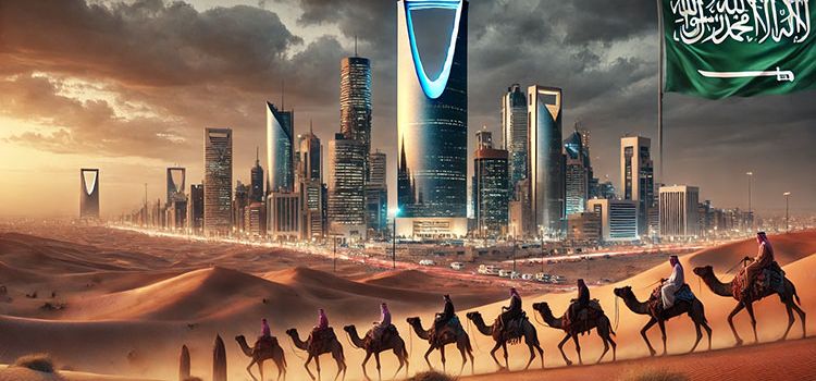 Die Skyline von Riad, Saudi-Arabien, mit Wüste und Kamel-Karawane drumherum
