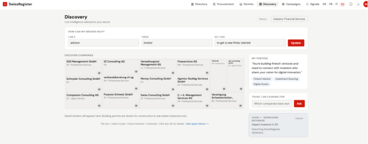 Screenshot der KI Swiss Register