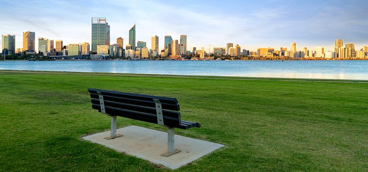 Eine Parkbank auf grüner Wiese an einem See