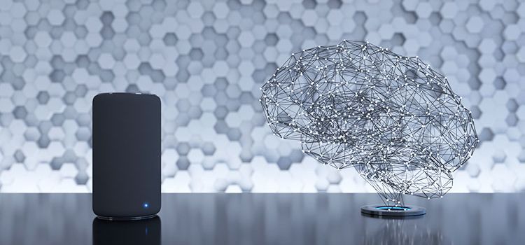 Smart-Lautsprecher mit Symbol für Künstliche Intelligenz