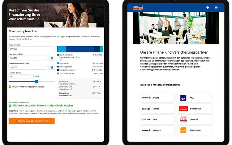 Tablet-Ansicht der Plattform FinanceScout24
