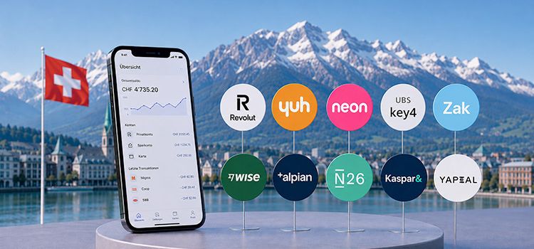 Smartphone vor Schweizer Bergen und die Logos der Schweizer Neo-Banken im Vordergrund