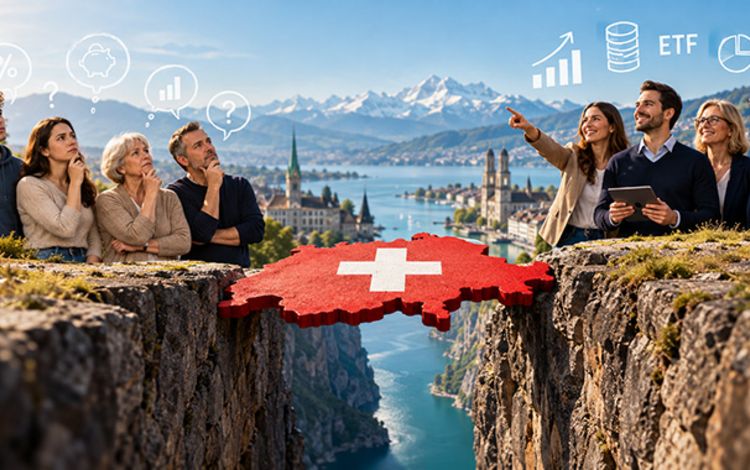 Zwei Gruppen die getrennt durch einen Graben über Finanzthemen nachdenken, die eine Gruppe weiss viel, die andere wenig