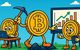 Illustration mit Bitcoin-Münzen, die am Arbeiten sind