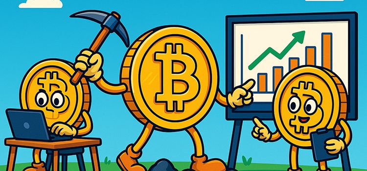 Illustration mit Bitcoin-Münzen, die am Arbeiten sind