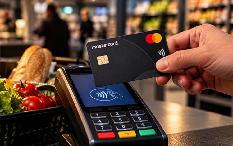 Eine Hand hält eine Mastercard ans Bezahl-Terminal in einem Laden