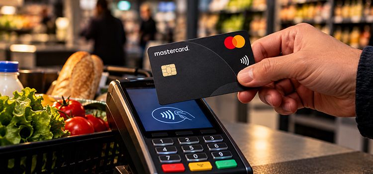 Eine Hand hält eine Mastercard ans Bezahl-Terminal in einem Laden