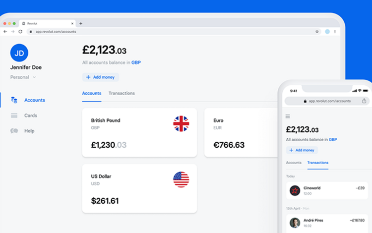 Die Revolut App sichtbar auf PC und Smartphone