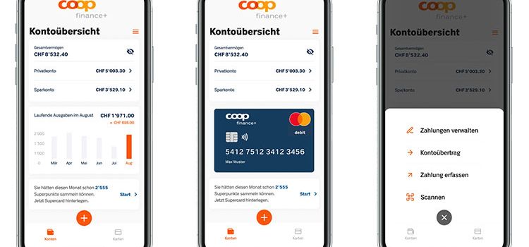 Drei Smartphone-Ansichten der App Coop Finance+