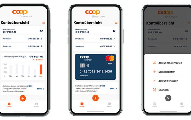 Drei Smartphone-Ansichten der App Coop Finance+