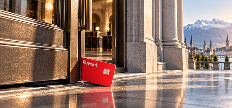 Der repräsentative Eingang einer Schweizer Bank mit einer Revolut-Karte in der Türe