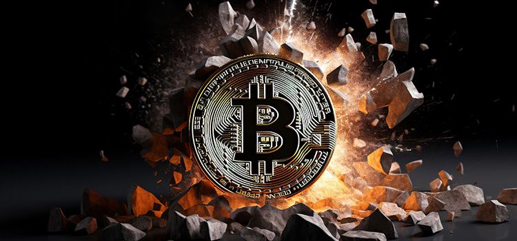 Bitcoin als Münze vor einem explodierenden Hintergrund