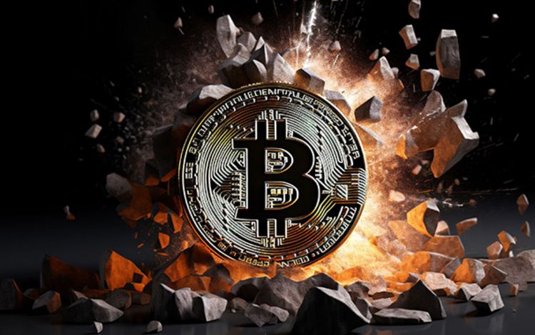 Bitcoin als Münze vor einem explodierenden Hintergrund