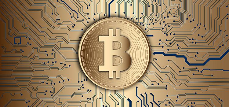 Bitcoin als Münze auf eine Platine