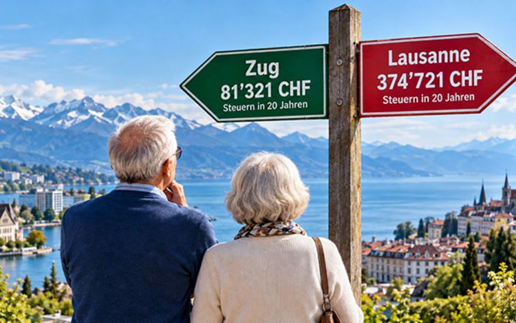 Ehepaar vor einem Wegweiser, der nach Zug oder Lausanne weist, mit einer tiefen oder hohen Steuerbelastung