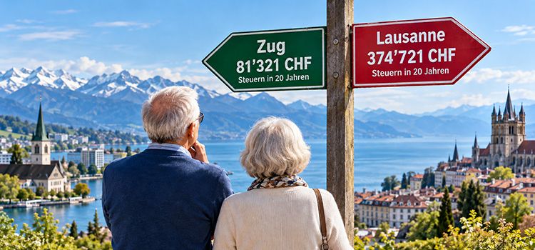Ehepaar vor einem Wegweiser, der nach Zug oder Lausanne weist, mit einer tiefen oder hohen Steuerbelastung