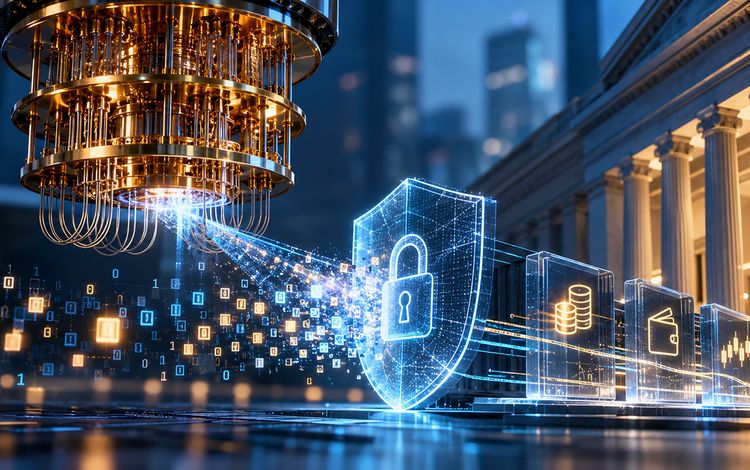 Ein Quantencomputer steht vor einem Bankhaus, dazwischen ein Schutzschild