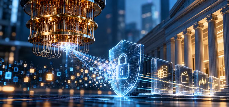 Ein Quantencomputer steht vor einem Bankhaus, dazwischen ein Schutzschild