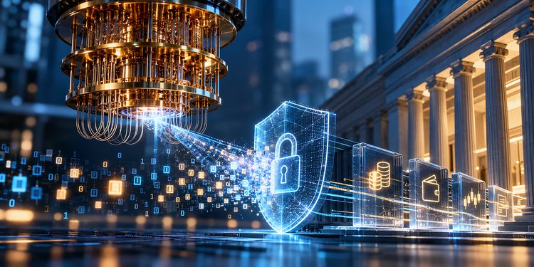 Ein Quantencomputer steht vor einem Bankhaus, dazwischen ein Schutzschild