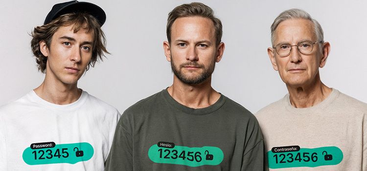 Drei Männer aus drei Generationen mit einem Passwort auf dem T-Shirt