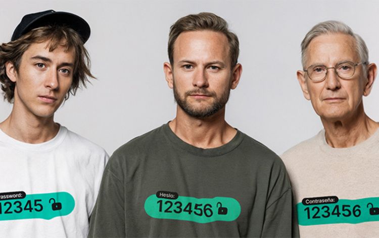 Drei Männer aus drei Generationen mit einem Passwort auf dem T-Shirt
